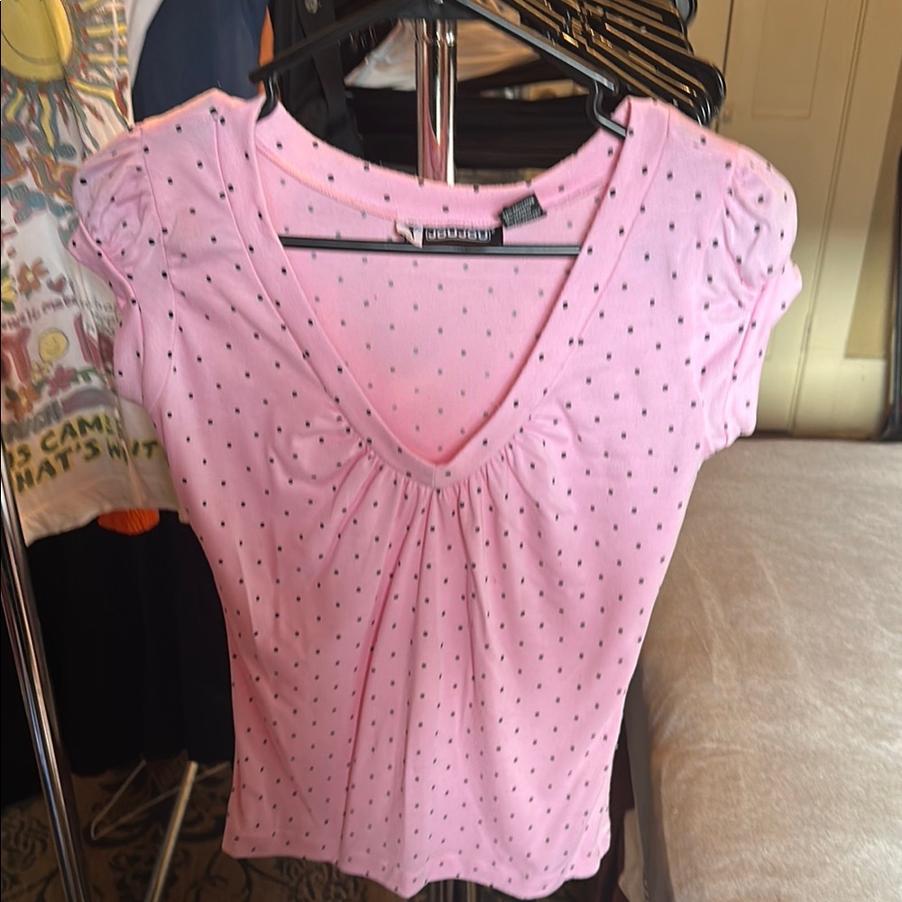 Jou Jou Pink Polka Dot Ruched Blouse - Size Medium